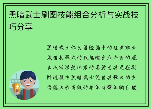 黑暗武士刷图技能组合分析与实战技巧分享