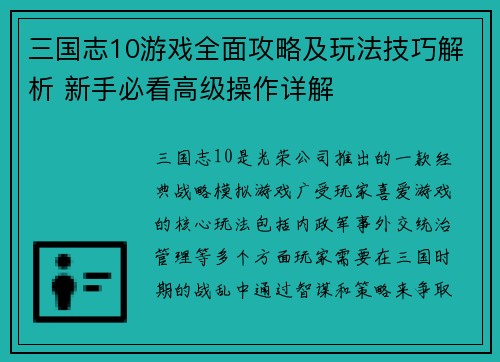 三国志10游戏全面攻略及玩法技巧解析 新手必看高级操作详解